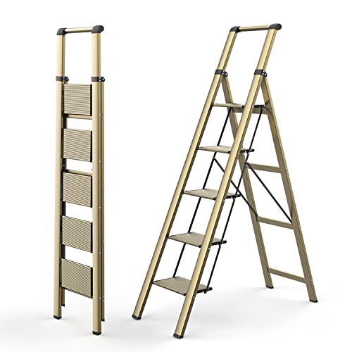 WOA WOA 5 Step Ladder, Folding Ladder with Anti-Slip Wide Pedal, Portable Folding Step Ladder with Convenient Handgrip, Lightweight Aluminum Stepladder for Home, Office, Library - Gold