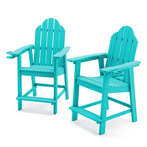 LUE BONA Tall Adirondack Chairs Set of 2, Recycled Poly Adirondack Chair Bar stools with Cup Holder, 25.6", 300Lbs, Balcony Chair, Weather Resistant Patio Stool for Balcony,Deck,Arbua Blue