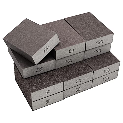 weideer 12 Pcs Sanding Sponge 60/80/100/120/180/220# Coarse Sanding Blocks Set for Brush Glasses Sanding Wood Sanding Metal Washable and Reusable YHMK-6S