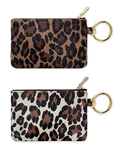 Heesch 2 Pack Mini Coin Purse Cheetah Change Purse Small Zipper Pouch Wallet for Women (Leopard & Ivory Leopard)