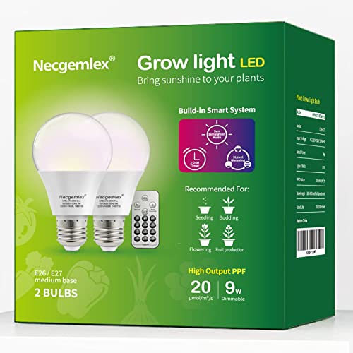 Necgemlex Smart LED Grow Light Bulbs with Remote Controller, Sun Simulation Mode, Built-in Auto Timer, A21/A70 E26/E27 9W Dimmable Full Spectrum Intelligent Plant Grow Bulbs for Indoor Plants, 2 Pack