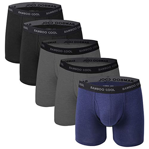 BAMBOO COOL Men's Underwear Boxer Briefs 5 Pack Bamboo Viscose Soft Breathable Long Underwear Trunks, Large