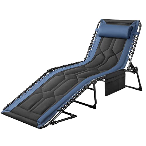 Flamaker Folding Chaise Lounge Outdoor Portable Lounge Chairs 4-Position Adjustable Camping Lounge Chair with Pillow & Side Bag Lightweight Recliner Sunbathing Chair for Pool Beach Deck (Blue)