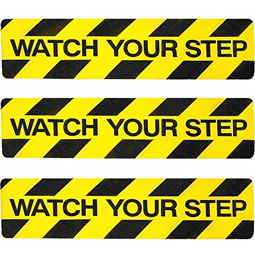 3Pack Watch Your Step Non-Slip Stair Warning Sticker Adhesive Tape Help Prevent Falls Anti Slip Abrasive Treads for Workplace or Home Safety Wet Floor Caution, 6" x 24"