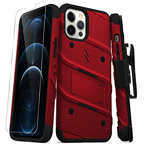 ZIZO Bolt Series for iPhone 12 Pro Max Case with Screen Protector Kickstand Holster Lanyard - Red & Black
