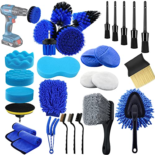 29Pcs Car Detailing Brush Set, Car Detailing Kit, Auto Detail Supplies Tools With Wheel Drill Brush Set, Car Cleaning Kit, Car Polishing Kit, Car Wash Kit for Tires, Wheels, Interior & Exterior