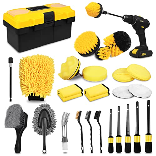 27Pcs Car Detailing Kit, Car Detailing Brush Set, Auto Detailing Drill Brush Set, Car Detailing Brushes, Car Wash Kit, Car Accessories, Car Cleaning Tools Kit for Interior, Exterior, Wheels