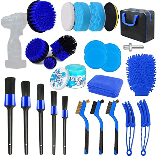 OUTIMI 27PCS Car Detailing Brush Set, Car Detailing kit, Car Detailing Drill Brush Set, Car Detailing Brushes, Auto Polishing Brush, Car Wash Kit with Cleaning Gel, Car Cleaning Tools Kit - Blue