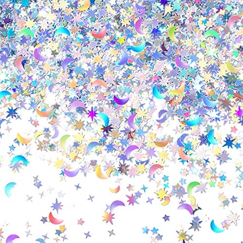Skylety 60 g/ 2.1 oz Holographic Star and Moon Table Confetti Iridescent Metallic Glitter Foil Sequin Scatter for Halloween Birthday Wedding Festival Party DIY (10 mm, 6 Silver)