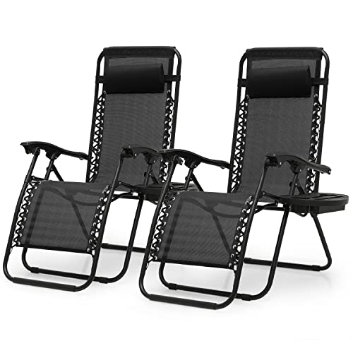MoNiBloom 2 Pack Patio Zero Gravity Chair Outdoor Folding Adjustable Reclining Black Chairs Pool Side Beach Lawn Lounge Chair with Pillow and Cup Holder, Black