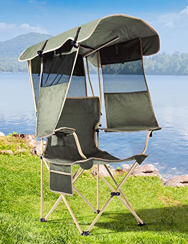 Docusvect Folding Camping Chair with Canopy, Canopy Chair for Outdoors Sports with Retractable UPF 50+ Canopy Shade, Cup Holder, Side Pocket for Camping, Beach, Tailgates and Fishing - Support 330 LBS