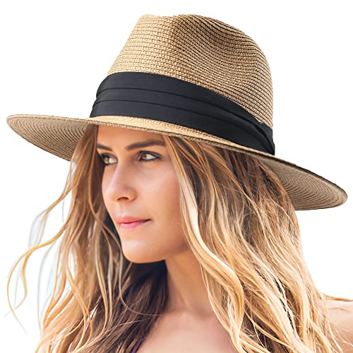 Panama Straw Hat for Women & Men, Foldable Summer Beach Sun Protection Hats, Adjustable Summer Hat Wide Brim Packable Cap Khaki