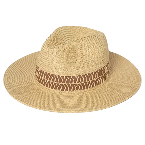 Comhats Women Straw Sun Fedora Hat for Women,Packable Beach Hat Wide Brim Panama Hat UV UPF 50+ Summer Hat Beige