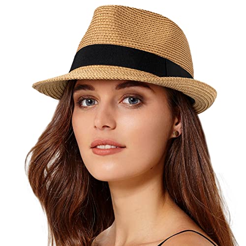 Womens Short Brim Straw Sun Hat Fedora Trilby Hat Panama Men Roll Up Packable Beach Hats Khaki