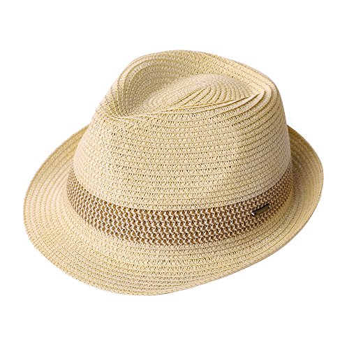 Fancet Packable Straw Fedora Panama Sun Summer Beach Hat Cuban Trilby Men Women 63-65cm Size 8 XX-Large Beige