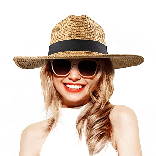 Straw Panama Hat for Women Men, Wide Brim Sun Hat UV Protection UPF 50+, Floppy Packable Fedora Hat, Summer Beach Straw Hat
