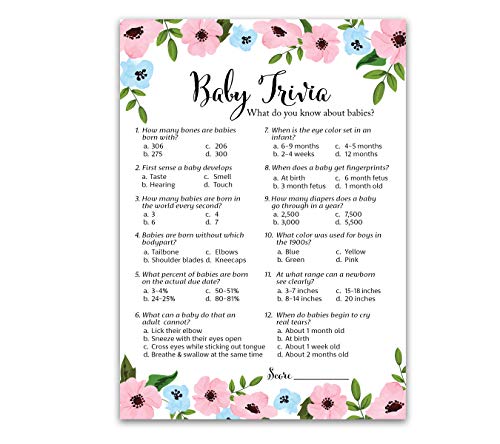 GENDER REVEAL Party Game  BABY TRIVIA Game  Pack of 25  Pink or Blue Fun Baby Facts Games, Blue or Pink Trivia Gender Neutral Floral Baby Shower Games Activities, Coed Couples Shower, SKU G750-TRV