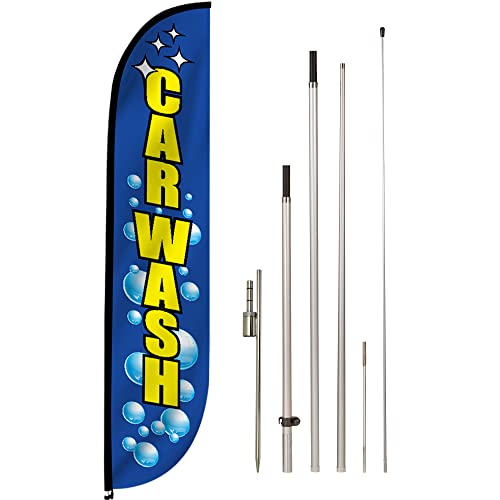 LookOurWay Feather Flag Set, 12 ft Advertising Flag with Fiberglass Poles and Ground Spike for Business Promotion, Car Wash (Bubbles)