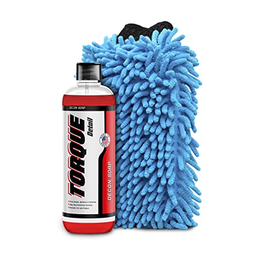 Torque Detail Decon Wash Pack - Decontamination Soap 8oz + Wash Mitt - Surface Cleansing Strip Wash Car shampoo - Highly Absorbent Microfiber Chenille Car Wash MItt Safely Cleans Your Vehicles Entire Surface