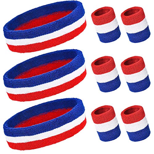 Set of 3 Striped Sweatbands - Stretchy Sports Fan Headbands and Wristbands for Men Women, Cotton Moisture Wicking Sweat Hairband American Flag Style for Running, Cycling, Yoga, Basketball, Tennis