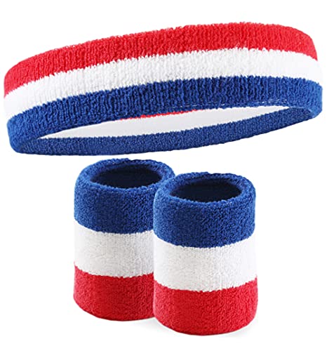 Sweatbands Set - Head & Wrist Sweat Bands - Terry Cloth Sweatbands for Tennis, Working Out, Sports, Basketball, Gym, Exercise - Headband & Wristbands for Men & Women - Stretchy & Soft Cotton - USA