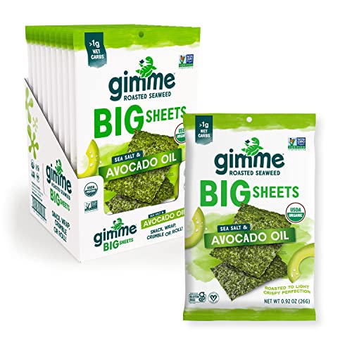 gimMe - Sea Salt & Avocado Oil - Big Sheets - Organic Roasted Seaweed Sheets - Keto, Vegan, Gluten Free - Great Source of Iodine & Omega 3s - Healthy On-The-Go Snack for Kids & Adults - (.92oz) - (Pack of 10)