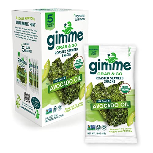 gimMe Grab & Go - Sea Salt & Avocado Oil - 5 Count - Organic Roasted Seaweed Sheets - Keto Vegan Gluten Free - Great Source of Iodine & Omega 3s - Healthy On-The-Go Snack for Kids Adults