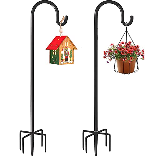 MAXZONE Outdoor Shepherd Hook with 5 Prong Base, Bird Feeder Pole Stand, Adjustable Heavy Duty Garden Hanging Stake for Solar Light Plant Hanger Wedding Decor, Matte Black (48in- 2Pack)