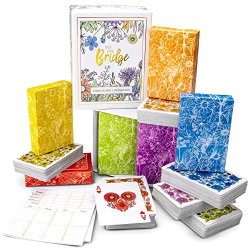 Let's Play Bridge | 6 Decks of Colorful, Watercolor Inspired Floral Playing Cards | Special Low-Vision 4-Color Index! | Classic Family Game Includes 25 Scorecards