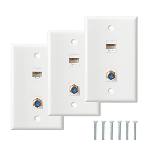 Ethernet Coax Wall Plate, 1 Port Cat6 Keystone 1 Port F Type Connector Coaxial Keystone Female to Female Wall Plate - 3 Pack