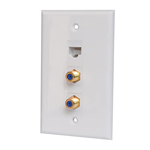 Single Gang 2 Coax 1 Ethernet Wall Plate - 2 Port Coaxial Cable TV F Type and 1 Ethernet Cat6 Faceplate - White