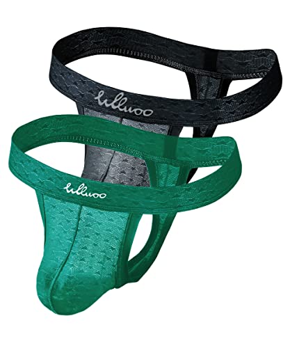WLLWOO WLLWOO Men's Thongs Underwear, Low Rise Stretch Sexy Mesh G-String Quick Dry Jockstrap Athletic Supporters Medium, Black-Green (2-Pack) #1