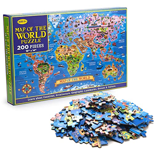 MOTYAWN 200 Pieces World Map Puzzle for Kids & Adults, World Map Jigsaw Puzzle Floor Puzzles Toddler Geography Educational Toys for Boys and Girls, Globe Atlas Puzzle Maps for Kids Learning Games