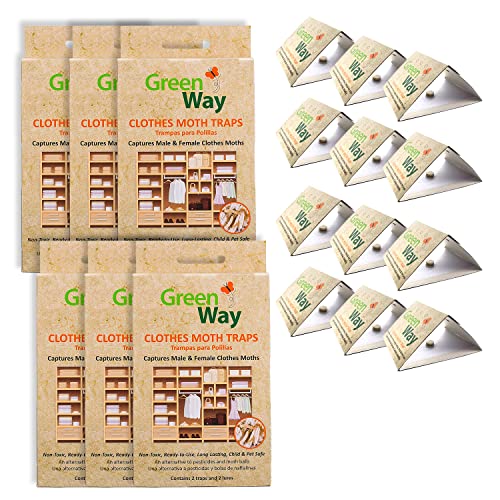 GreenWay Clothes Moth Traps (6 Boxes - 12 Traps and Lures) | Pheromone Attractant, Ready to Use | Heavy Duty Glue, Safe, Non-Toxic with No Insecticides or Odor, Eco Friendly, Kid and Pet Safe