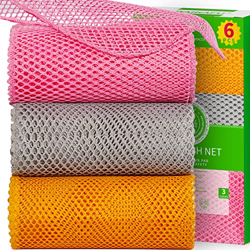 6Pcs Dish Wash Net,Innovative Mesh Cloth,Ultra Durable Non-Scratch Dish Rags for Washing Dishes,100% Odor Free/Quick Dry,Perfect Scrubber,Dish Sponges for Washing Dishes Yellow/Pink/Gray