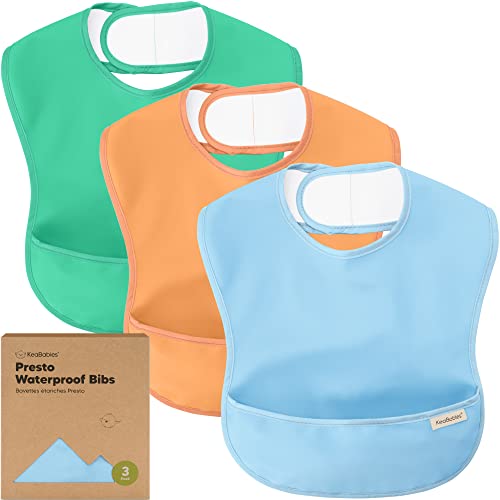 3-Pack Waterproof Baby Bibs for Eating - Lightweight Baby Bib with Food Catcher, Mess Proof Toddler Bibs, Waterproof Bibs for Baby Boys, Baby Girls, Feeding Bibs, Drool Bibs, Baby Food Bibs (Basics)