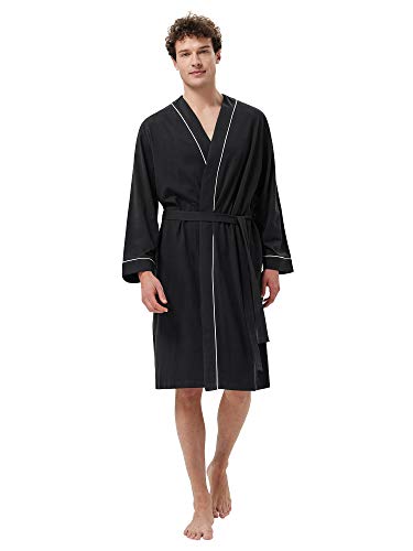 SIORO Men's Cotton Robe Lightweight, Soft Kimono Knee Length Bathrobes with Pockets for spa, swimming, and house, Black, M