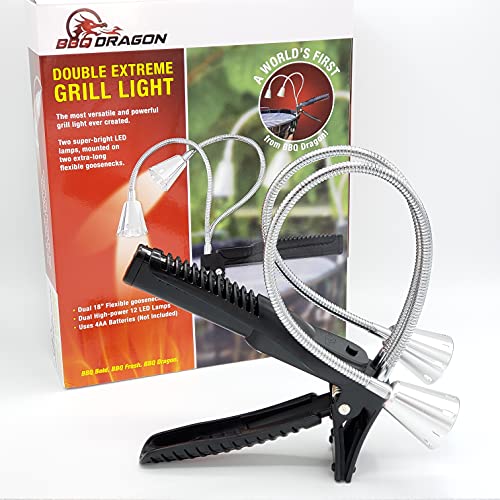 BBQ Dragon Double Extreme Grill Light - Super Bright Dual LED BBQ Lights for Grill - 360 Flexible Stainless Steel Gooseneck - Great BBQ Grill Accessories - Weather Resistant, Batteries Included