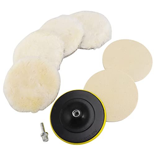 SI FANG 8Pcs 7 Inch Wool Buffing-Polishing Pads Kit for Drill Buffer-Attachment with M14 Drill Adapter, Felt Buffing Wheel and Woolen Wax Pad for Car Boat Polish Waxing, Metal Glass Fine Polishing