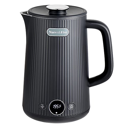 Nueve&Five Electric Kettle with Digital Temperature Display(/), 1.7L Double Wall Electric Hot Water Kettle, Auto Shut Off, 1200W Seamless 304 Stainless Steel Electric Tea Kettle -Black
