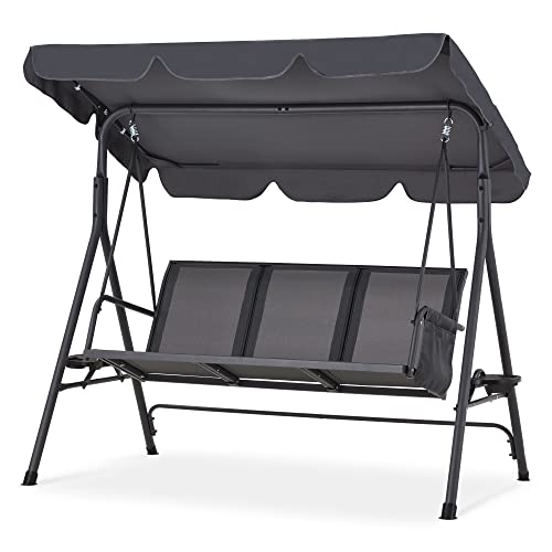 HABUTWAY Outdoor Patio Canopy Swing Chair,Porch Swing with Stand 3 Person,Heavy Duty Outdoor Swings for Deck,Backyard,Poolside,Textilene Fabric,Steel Frame,Storage Pocket,Utility Tray (Dark Gray)