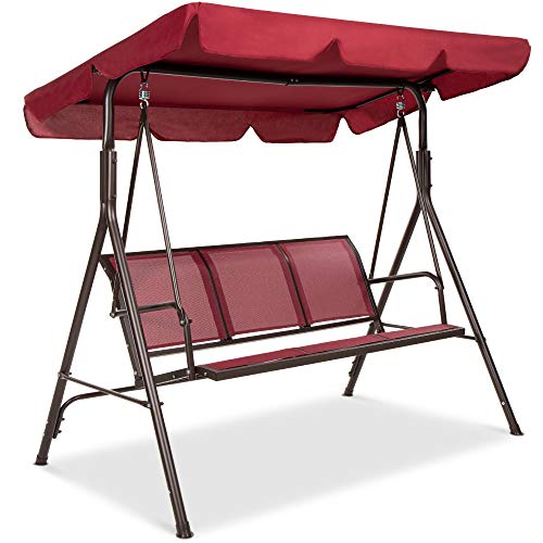 Best Choice Products 2-Seater Outdoor Adjustable Canopy Swing Glider, Patio Loveseat Bench for Deck, Porch w/Armrests, Textilene Fabric, Steel Frame - Burgundy