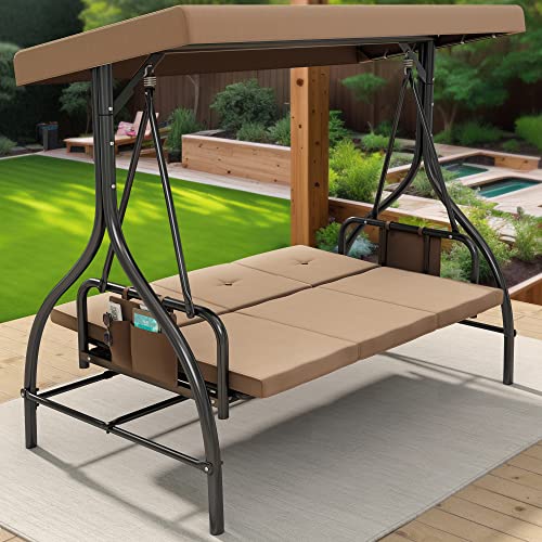 YITAHOME Porch Swing Bed 3-Seats Outdoor Patio Swing Heavy Duty Swing Chair with Adjustable Canopy Removable Cushion, Suitable for Adult in Garden, Poolside, Balcony, Brown