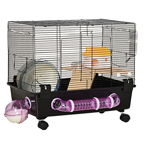 PawHut 2-Tier Hamster Cage, Small Animal Habitat for Rats, Gerbils, Mesh Wire Ventilated Enclosure with Exercise Wheel, Water Bottle, and Food Dishes