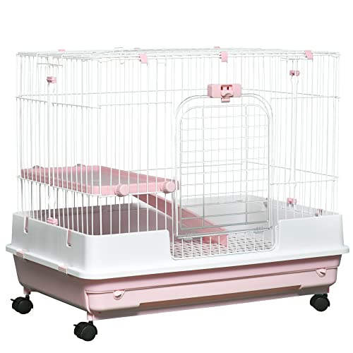 PawHut 2-Level Small Animal Cage Rabbit Hutch with Wheels, Removable Tray, Platform and Ramp for Bunny, Chinchillas, Ferret, Pink