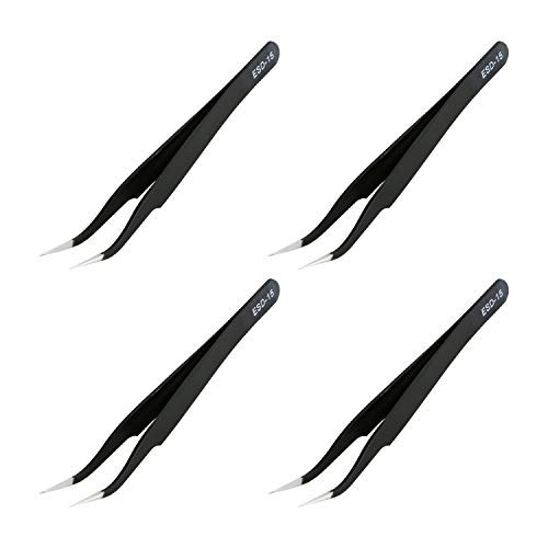 Aoje-Link ESD-15 Professional Anti-Static Technology Tweezers, Non-magnetic Fine Tip Curved, Stainless Steel Plastic Coated, Full Length 120mm, Black, 4pcs