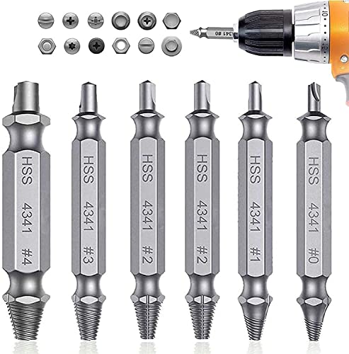 Damaged&Stripped Screw Extractor Remover Tool and Drill Bit Set. Broken Bolt Extractor and Screw Remover Set of 6 Pcs