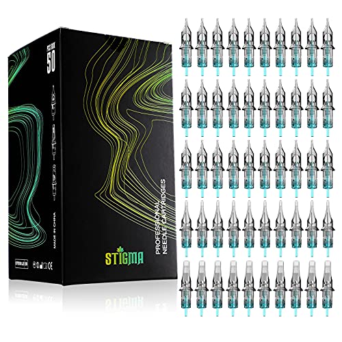 STIGMA Aquamarine Knight Tattoo Cartridge Needles 50pcs Assorted Sizes 0.35mm RL+RM (1203RL 1205RL 1207RL 1209RM 1215RM) Round Liner/Round Magnum EN02B-50KIT-X