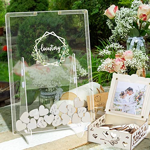 CYAOOI Wedding Guest Book Alternative, Guest Book Wedding Reception, Clear Acrylic Drop Box with Stand, Plywood Box, 100 Wooden Hearts, and Marker Pen, Wedding Signs for Anniversary, Ceremony