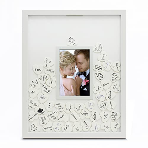 MIMOSA MOMENTS Autograph Picture Frame, Alternative Wedding Guest Book, Baby Shower Guest Book (White with 80 hearts)